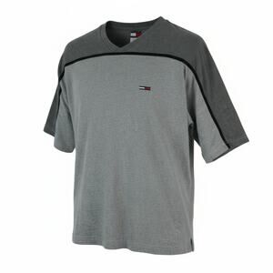 Vintage Tommy Hilfiger V Neck T-Shirt Mens XL Gray Two Tone 90s Y2K Streetwear